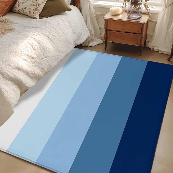 Area Rug 3x5ft, Minimalist Blue White Ombre Stripe Washable Rugs for Living Room Bedroom, Modern Gradient Art Soft Non-Slip Area Rugs Rectangle Floor Carpet for Dining Room