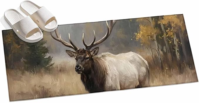 Runner Rug for Bedroom Hallway, Brown Animals Elk Kitchen Runner Rugs Area Rug 2x6ft, Retro Forest Landscape Washable Soft Floor Carpet for Entryway Stair