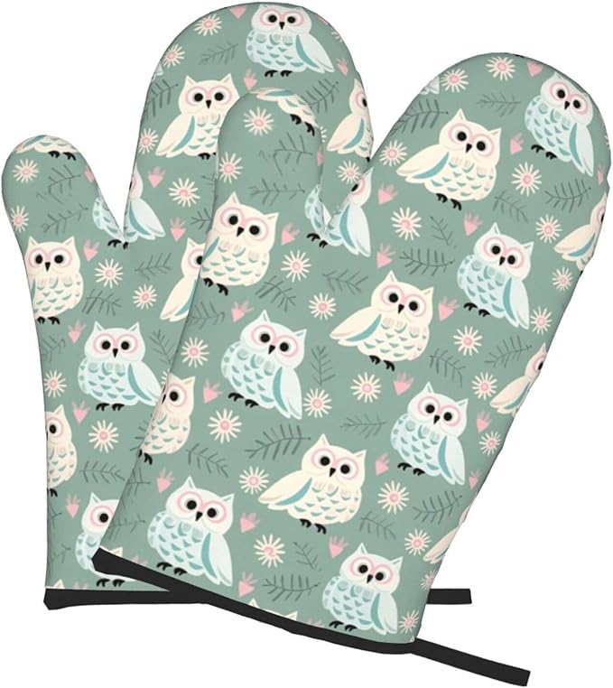 Owl Oven Mitts of 2 Pack, Funny Kitchen Gloves Heat Resistant Non-Slip Kitchen Mitts for Cooking Baking Grilling