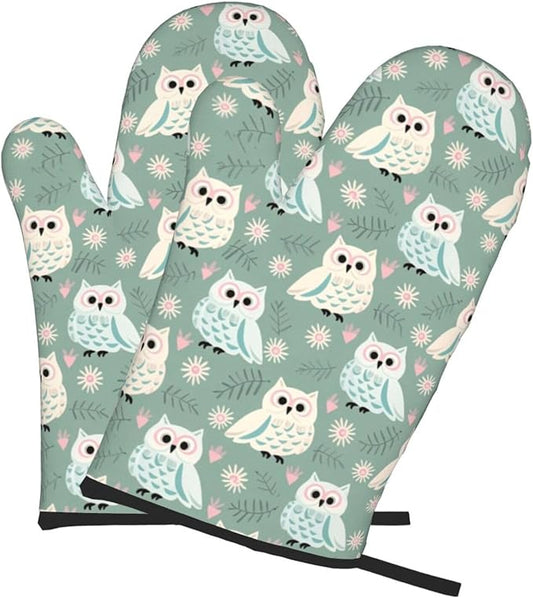 Owl Oven Mitts of 2 Pack, Funny Kitchen Gloves Heat Resistant Non-Slip Kitchen Mitts for Cooking Baking Grilling