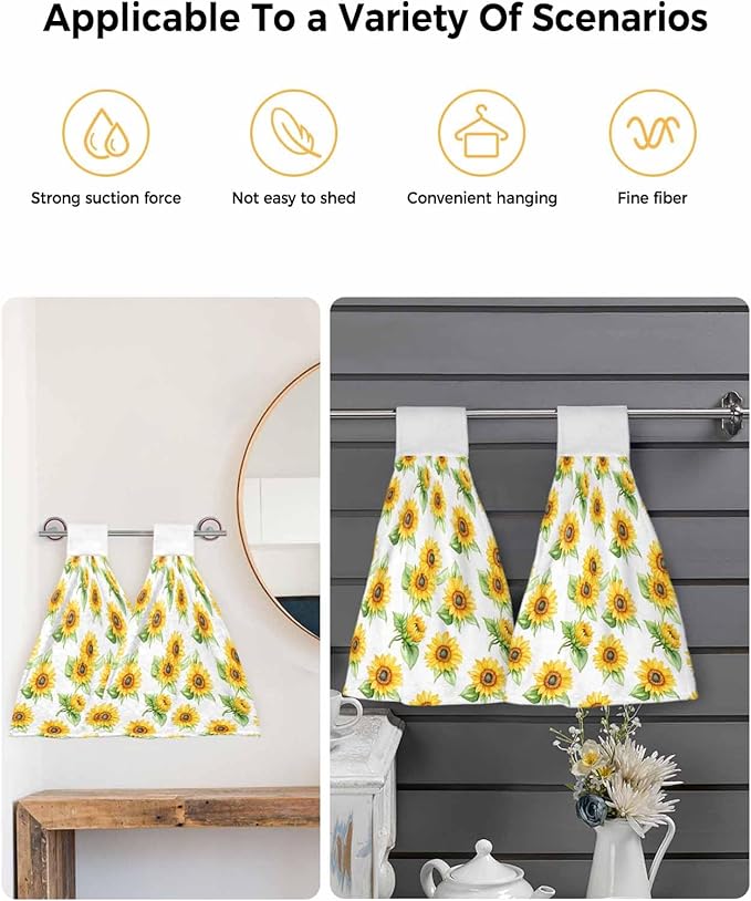 Alandar Home Kitchen Tie Towel Set of 1, Yellow Sunflower Farm Green Plant Absorbent Soft Hand Towels for Bathroom Hanging Towels, Summer Blossom Floral Fast Drying Cleaning Cloth with Loop