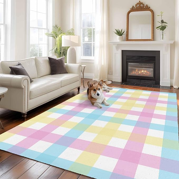 Area Rug 6x9ft, Spring Easter Colorful Lattice Washable Rugs for Living Room Bedroom, Minimalist Buffalo Checker Soft Non-Slip Area Rugs Rectangle Floor Carpet for Dining Room