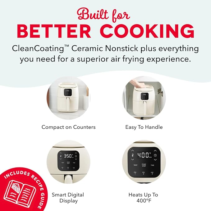 Dash Tasti-Crisp™ Digital Air Fryer – 2.6 Quart Small Compact Mini Air Fryer for French Fries, Nuggets & More, 1-2 People, Auto Shut Off, Adjustable Temp, Dishwasher Safe Parts - Cream