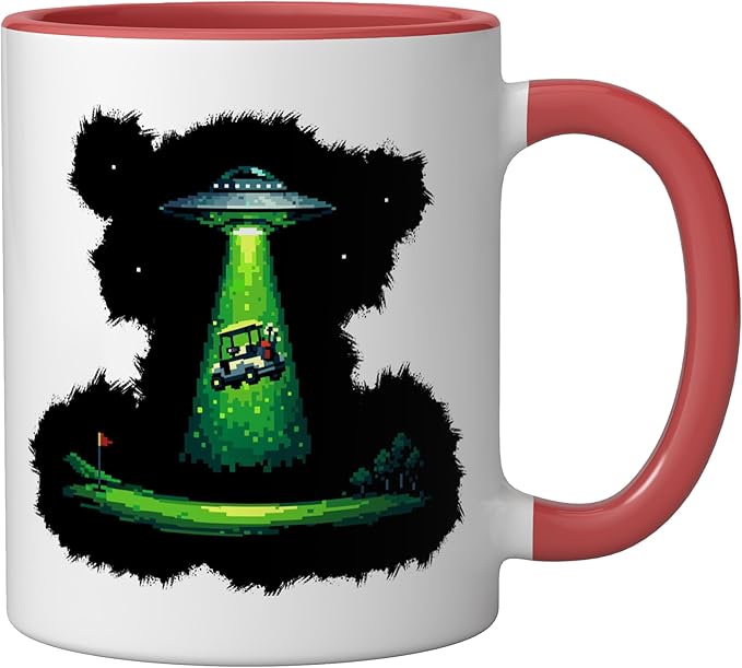 Retro Pixel Art UFO Abducting Golf Cart Funny Alien Golfing Ceramic Mug, Red/White