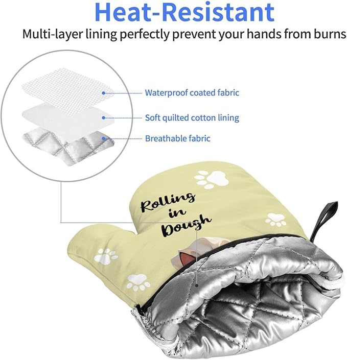 Wyayzh Funny Cat Chef Oven Mitts of 2-Pack Set, Rolling in Dough Kitchen Gloves Heat Resistant Non-Slip Kitchen Mitts Safe Cooking Baking Grilling