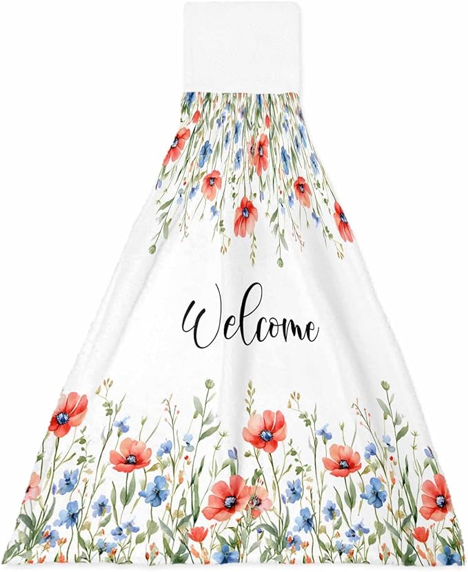 Alandar Home Kitchen Tie Towel Set of 1, Pastoral Orange Blue Flower Leaves Absorbent Soft Hand Towels for Bathroom Hanging Towels, Spring Floral Plant Fast Drying Cleaning Cloth with Loop