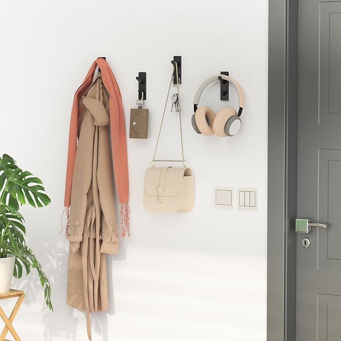susswiff Self Adhesive Coat Hooks for Hanging: Heavy Duty Stainless Wall Hook for Towel, Backpack, Hat, Sturdy Metal Hanger for Bathroom, Bedroom, Door, Dorm, 4-Pack, Matt Black