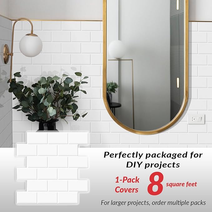 Décor Wow Peel & Stick Backsplash for Kitchen & Bathroom White Subway, 1 sq ft (8-Pack)