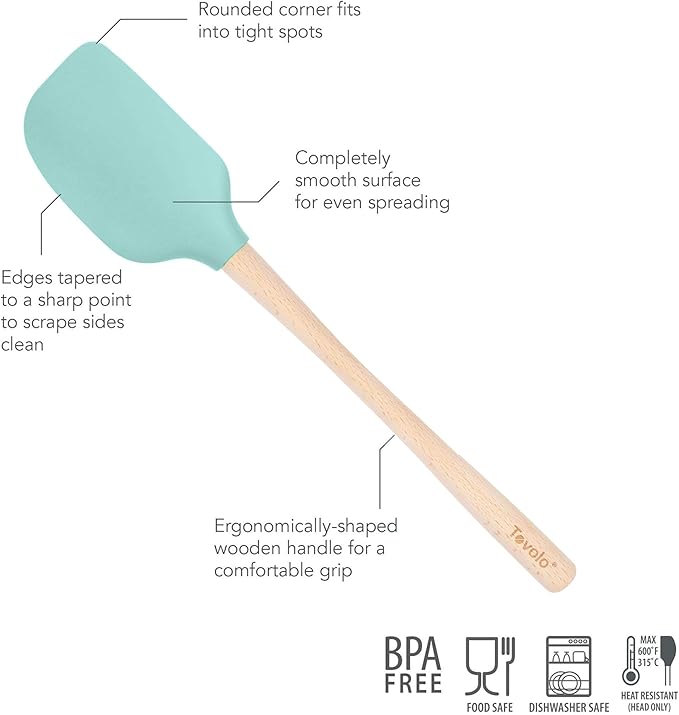 Tovolo Silicone Spatula Wooden Handle for Cooking Baking Mixing, Heat Resistant Food Safe BPA Free Flexible Silicone Baking Spatula with Wood Handles Kitchen Utensils Nonstick Safe, Aqua Seafoam Green