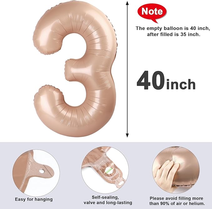 Numbers Balloon 3, 40 Inch Large Light Brown Balloon for Three Year Old Birthday Decor, 3 13 30 31 Birthday Party Decorations for Wedding Supplies