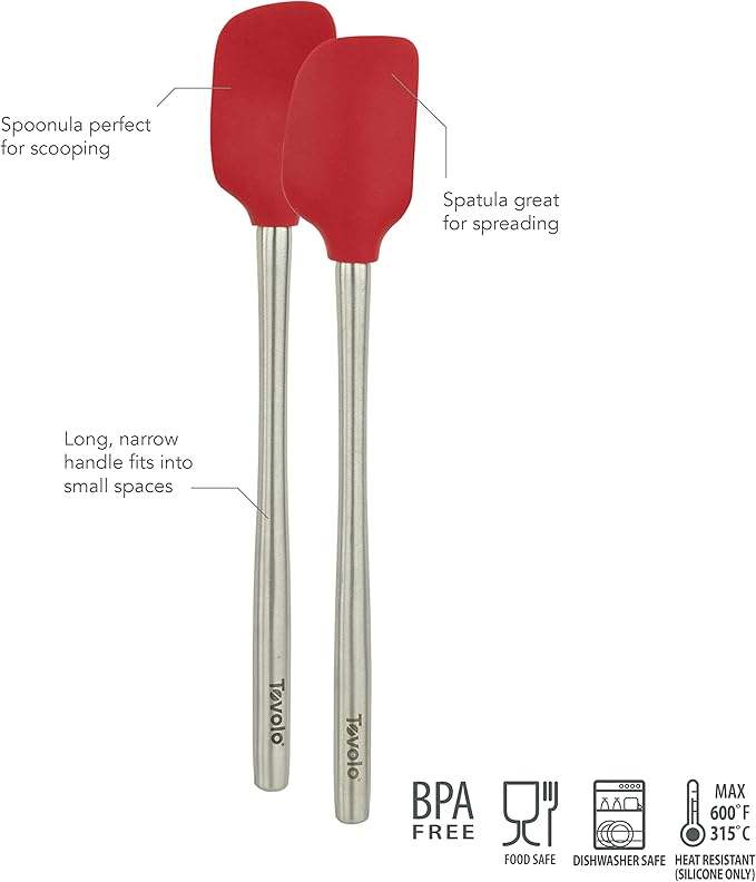 Tovolo Flex Core Mini Silicone Spatula Spoonula Set of 2 for Non Stick Cast Iron Cooking & Baking, Dishwasher Safe Heat Resistant BPA Free Small Stainless Steel Handle Kitchen Utensil, Cayenne Red