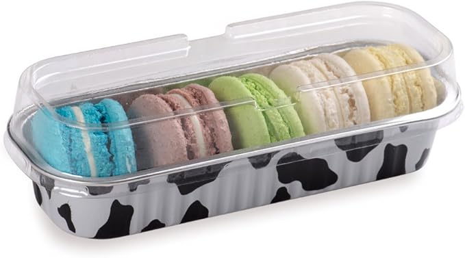 Restaurantware-6.5 x 2.6 x 1.2 Inch Disposable Loaf Pans With Lids, 100 Rectangle Disposable Bread Pans - Dome Lid, Oven-Safe, Cow Print Aluminum Meatloaf Pan, Freezable, For Baking And Serving