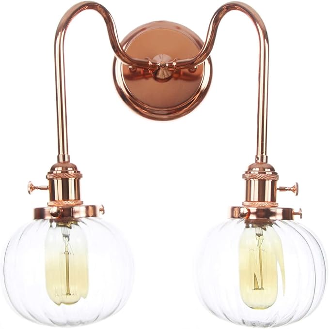 Wall Lamps with Switch, 2-Lights Rose Gold Bathroom Vanity Lights Wall Mounted Lighting Clear Glass Lampshade Wall Sconces(Color:E)