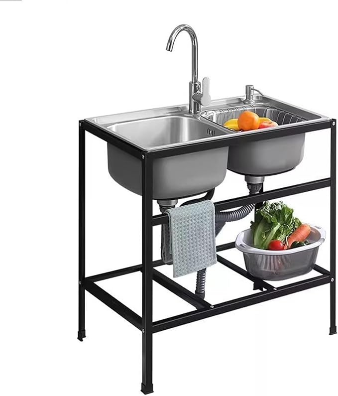 Double Bowl Stainless Steel Sink,FreeStanding Stainless Steel Outdoor Laundry Tub,with Black Storage Shelves, for Garage, Restaurant, Kitchen
