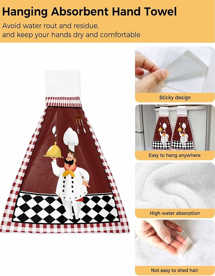 Alandar Home Kitchen Tie Towel Set of 2, Funny Chef Kitchen Tableware Absorbent Soft Hand Towels for Bathroom Hanging Towels, Burgundy Red Black Lattice Fast Drying Cleaning Cloth with Loop