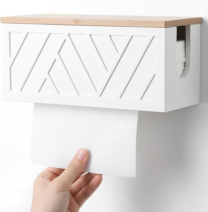 Paper Towel Dispenser Wall Mount Paper Towel Holder with Lid Solid Wood Commercial C-Fold, Z-Fold Hand Papers Towels Holder Dispenser Hand Towels Holders for Bathroom Kitchen Office Decor (White)