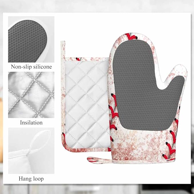 Mxocom Baseball Background Silicone Oven Mitts and Pot Holders Sets BBQ Gloves for Kitchen,Cooking,Baking,Grilling
