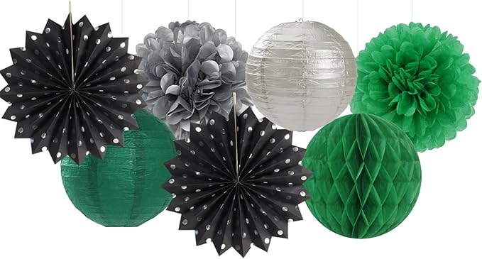 Black-Green Silver Party-Decorations Streamers Lanterns - 14pcs Graduation 2026 Paper Lanterns Fan,Tissue Pom Poms Streamer,Honeycomb Balls,Soccer Supplies Men Boys Birthday Baby Shower Decor Ouruola
