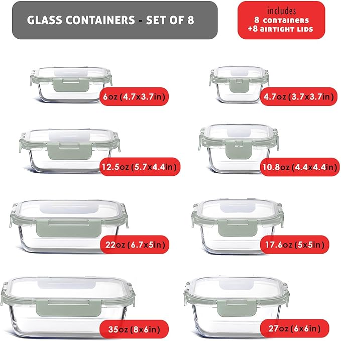 EATEX 16pc Glass Storage Containers with Lids, 8 Glass Food Storage Containers with 8 Airtight Lids for Pantry & Kitchen, Meal Prep Containers for Lunch, Oven Freezer Microwave & Dishwasher Safe