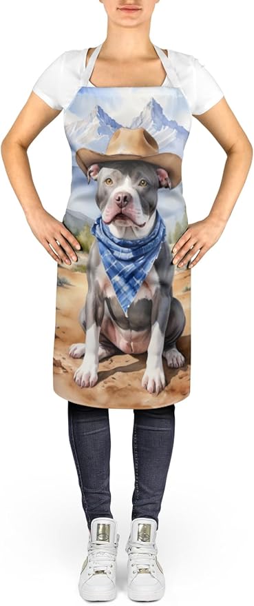 Caroline's Treasures Pit Bull Terrier Cowboy Welcome Apron Cooking Kitchen Server Baking Crafts Gardening for Adult Women Men, Unisex, Large, Multicolor