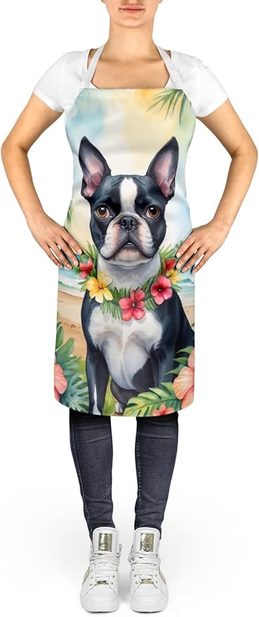 Caroline's Treasures Boston Terrier Luau Apron Cooking Kitchen Server Baking Crafts Gardening for Adult Women Men, Unisex, Large, Multicolor