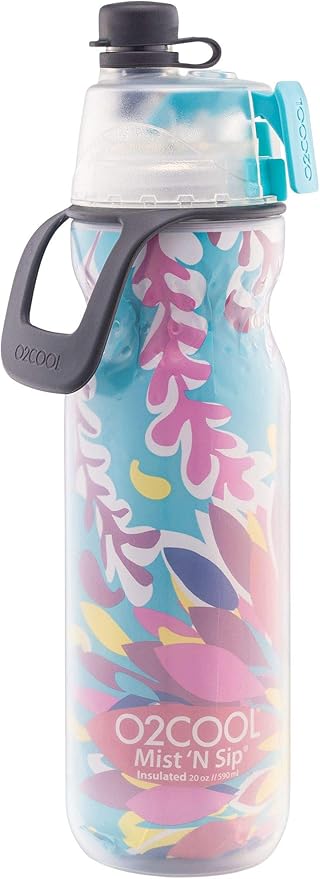 O2COOL Mist 'N Sip Misting Water Bottle 2-in-1 Mist And Sip Function With No Leak Pull Top Spout Reusable Sports Water Bottle - 20 oz (Tropical)