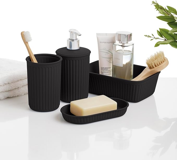 Decorative Plastic Bathroom Accessories Set, Brown (Set of 4) Soap Dish, Liquid Dispenser, Toothbrush Holder Cup, Vanity Organizer Tray - Bath Accessory Countertop Decor Gift - Ribbed Design