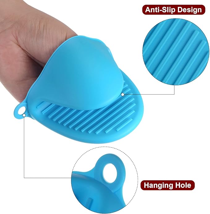 HARFINGTON 4pcs Thickened Mini Oven Gloves, Heat Resistant Silicone Oven Mitts Finger Pinch Grips Pot Holder for Kitchen, Cooking, Baking, BBQ Heat Resistant Gloves, Blue