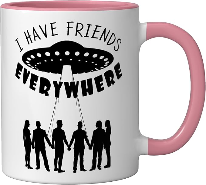I Have Friends Everywhere UFO Silhouette Graphic Ceramic Mug, Pink/White