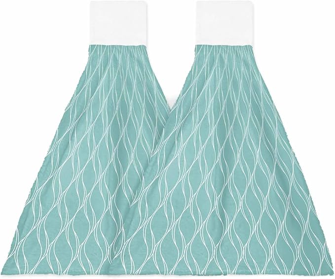 Alandar Home Kitchen Tie Towel Set of 2, White Wave Stripe on Teal Absorbent Soft Hand Towels for Bathroom Hanging Towels, Abstract Geometric Texture Fast Drying Cleaning Cloth with Loop