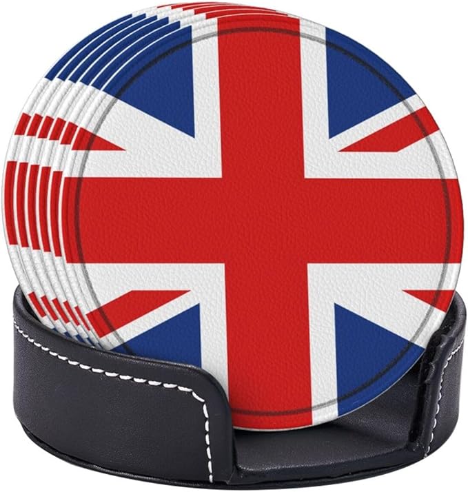 United Kingdom Flag Leather Drinks Coasters with Holder, Set of 6, Suitable for Various Cups