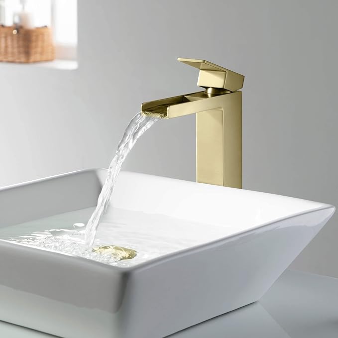 KIBI Waterfall Bathroom Sink Faucet | Single Handle Brass Vanity Faucet with Water Supply Hose | Durable Brass Construction and Smooth Water Flow | Brushed Gold Finish, KBF1005 (Pop Up Drain Included)