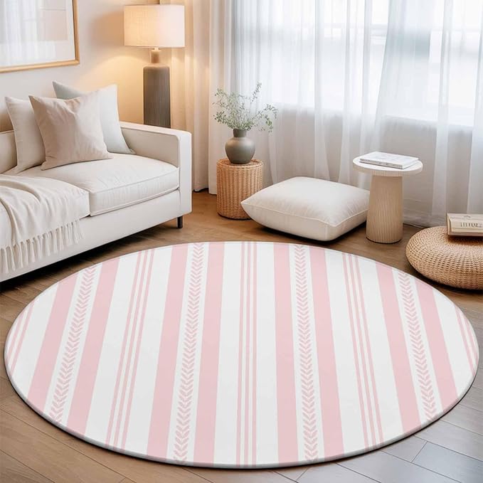 Washable Round Area Rug Abstract Leaf Geometric Line Circle Rugs Floor Carpet for Living Room Bedroom, Modern Pink Stripe Theme Soft Non Slip Round Rug 5ft