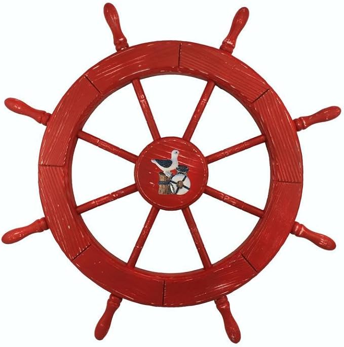 Hampton Nautical Wheel-30-107-seagull Wooden Rustic Decorative Ship Wheel with Seagull, 30", Red