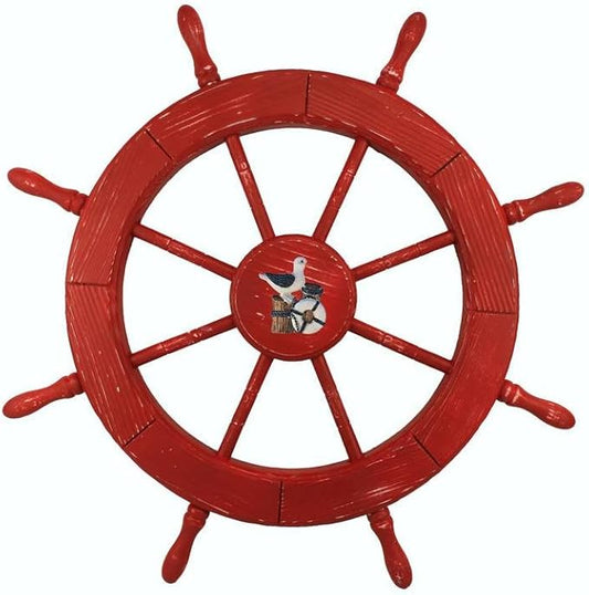 Hampton Nautical Wheel-30-107-seagull Wooden Rustic Decorative Ship Wheel with Seagull, 30", Red