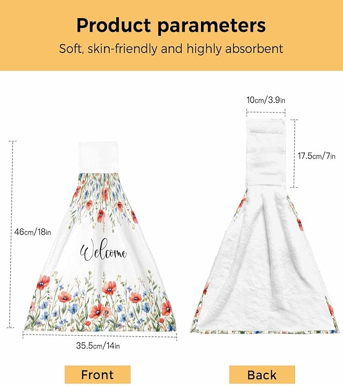 Alandar Home Kitchen Tie Towel Set of 1, Pastoral Orange Blue Flower Leaves Absorbent Soft Hand Towels for Bathroom Hanging Towels, Spring Floral Plant Fast Drying Cleaning Cloth with Loop