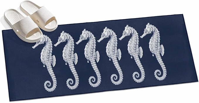 Runner Rug for Bedroom Hallway, Ocean Life Seahorse Navy Blue Kitchen Runner Rugs Area Rug 2x6ft, Summer Nautical Theme Washable Soft Floor Carpet for Entryway Stair