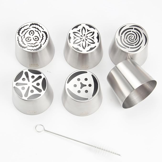 Extra Large Russian Piping Tip Set - 6 Stainless Steel Marshmallow Buttercream Framing Nozzles for 3D Roses Tulip Cake Decorations and Marshmallow Bouquets, Includes 1 Cleaning Brush(6D)