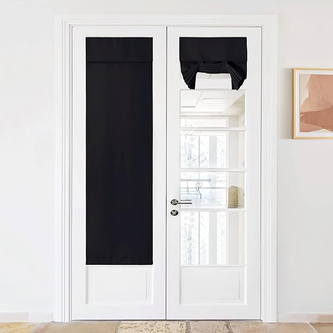 NICETOWN Black Blackout Door Curtain for French Front Door Windoew, Privacy Thermal Insulated Tie Up Shade for Patio Glass Tricia Window Covering for Bedroom Kitchen, W26 x L69 inch, 1 Panel