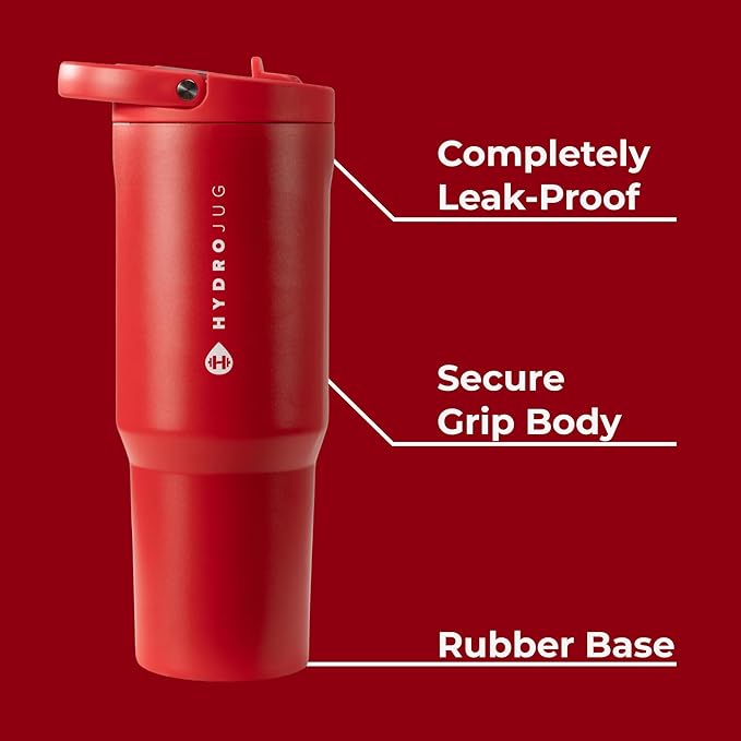 HydroJug Sport - Stainless Steel Tumbler with Straw, Vacuum Insulated, 40oz Leakproof Water Bottle, Ergonomic Design, Reusable, Dishwasher Safe, Rubber Base, Durable for Gym or Outdoors, Alumni Red