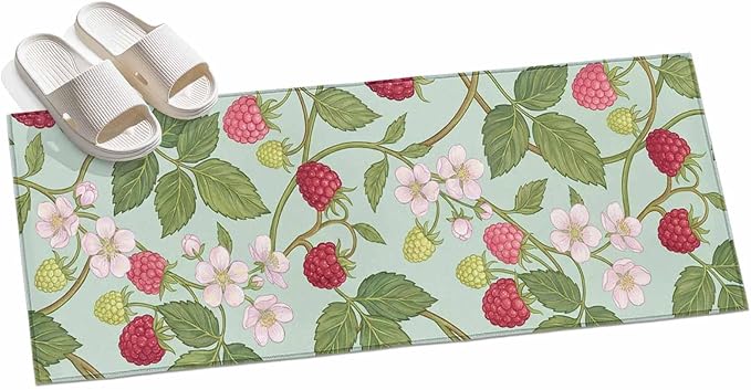 Runner Rug for Bedroom Hallway, Farmhouse Berry Red Pink Blossoms Flower Kitchen Runner Rugs Area Rug 2x6ft, Green Leaves Washable Soft Floor Carpet for Entryway Stair
