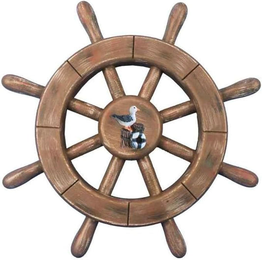 Hampton Nautical Rustic Wood Finish Decorative Ship Wheel with Seagull 12"