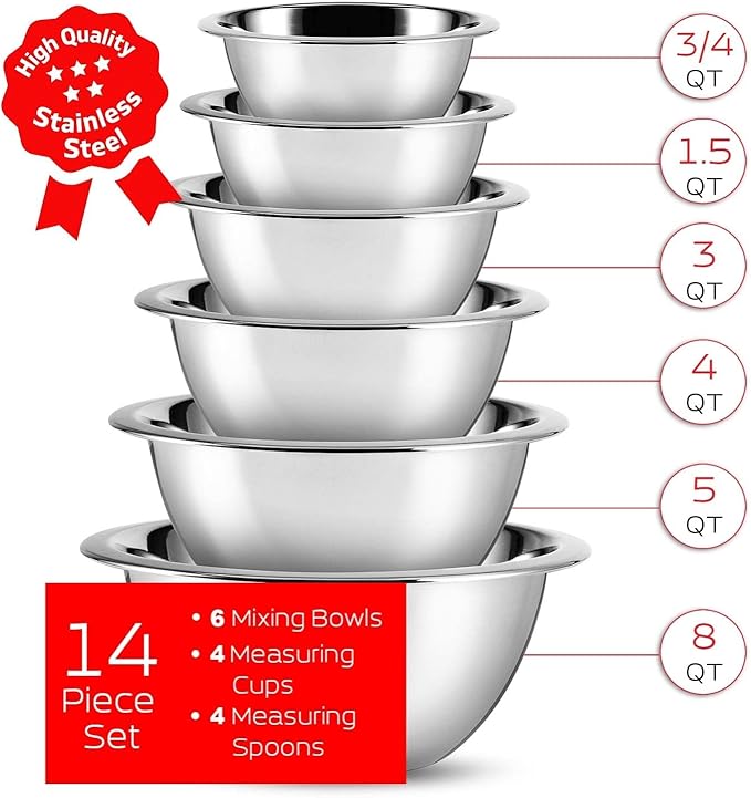 JOYTABLE 14 Piece Mixing Bowls With Measuring Cups And Spoons Set - Premium Stainless Steel Mixing Bowls Set - Nesting & Stable Metal Mixing Bowls Great For Kitchen, Baking, Cooking, Or Prep