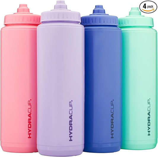 Hydra Cup Sport 4 Pack 32 oz Squeeze Water Bottles, Sports Water Bottle Pack with Fast Flow Valve, BPA-Free Squirt Water Bottles (Bright Colors)