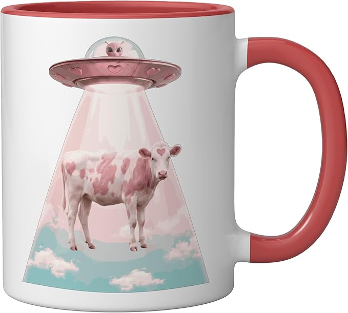 Funy Pink Heart Cow Alien Abduction UFO Space Nerd Ceramic Mug, Red/White