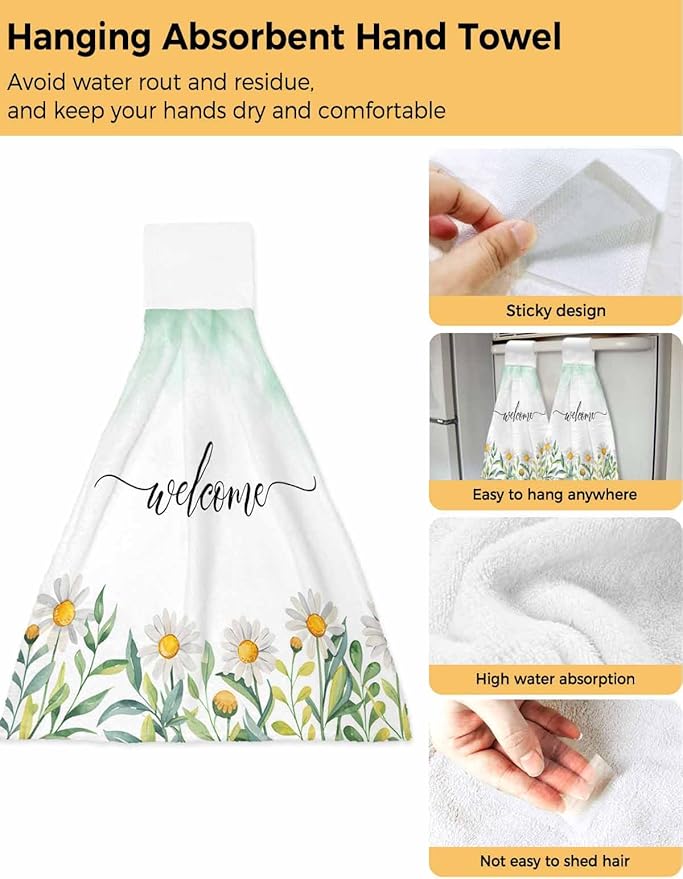Alandar Home Kitchen Tie Towel Set of 1, Pastoral Farm Daisy Flowers Absorbent Soft Hand Towels for Bathroom Hanging Towels, Welcome on Gradient Green Fast Drying Cleaning Cloth with Loop