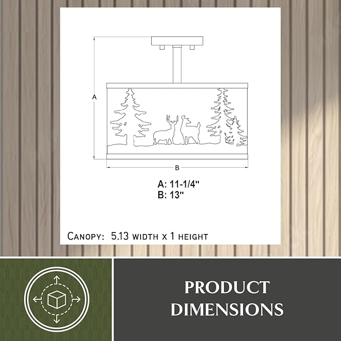 VAXCEL Acadia 13-in W Bronze Rustic Semi Flush Mount Ceiling Light White Linen Deer Tree
