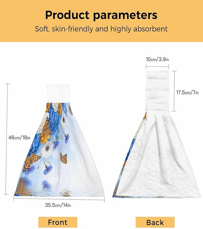 Alandar Home Kitchen Tie Towel Set of 2, Watercolor Embroidered Balls White Daisy Absorbent Soft Hand Towels for Bathroom Hanging Towels, Flower Butterflies Fast Drying Cleaning Cloth with Loop
