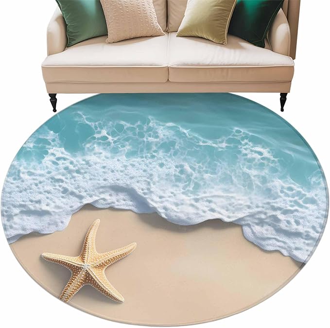 Washable Round Area Rug Beach Starfish Teal Sea Water Circle Rugs Floor Carpet for Living Room Bedroom, Summer Ocean Theme Soft Non Slip Round Rug 5ft