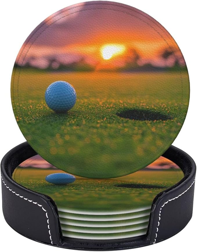 Golfing Golf Leather Drinks Coasters with Holder, Set of 6, Suitable for Various Cups